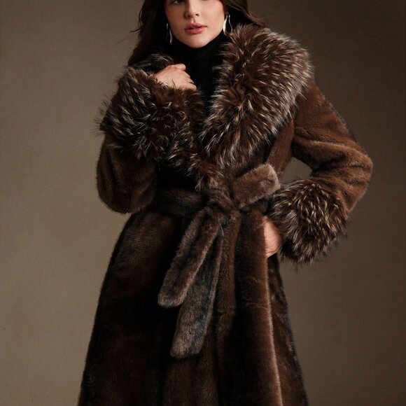 Brown elegantWomen's Two-Tone Faux Fur Collar Thick teddy belted Jacket - Picture 4 of 10